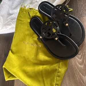 Tory Burch Miller Patent Sandals (Black) with Green Dust Bag